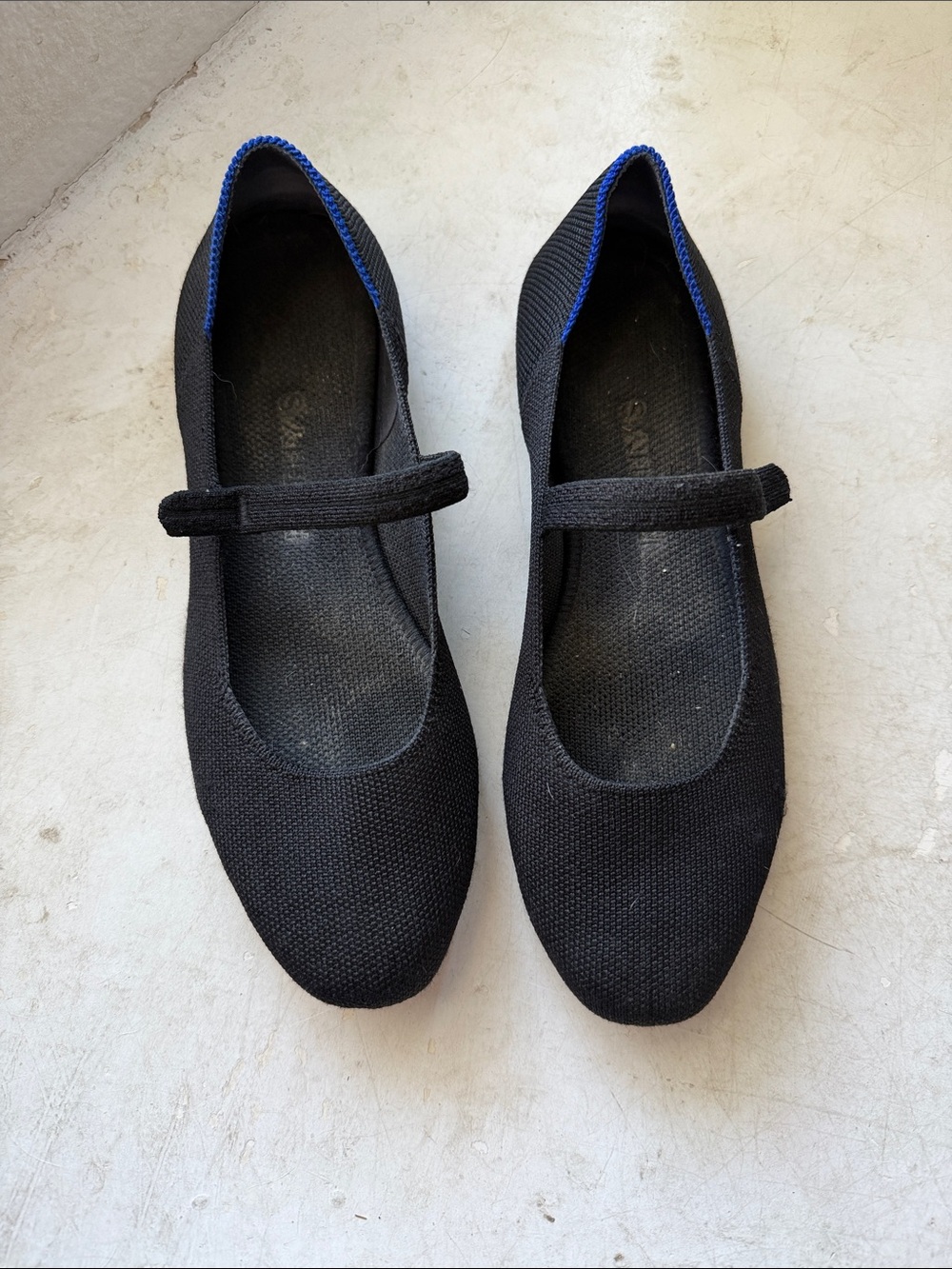 Rothy's Black Mary Jane Knit Flats with Blue Trim